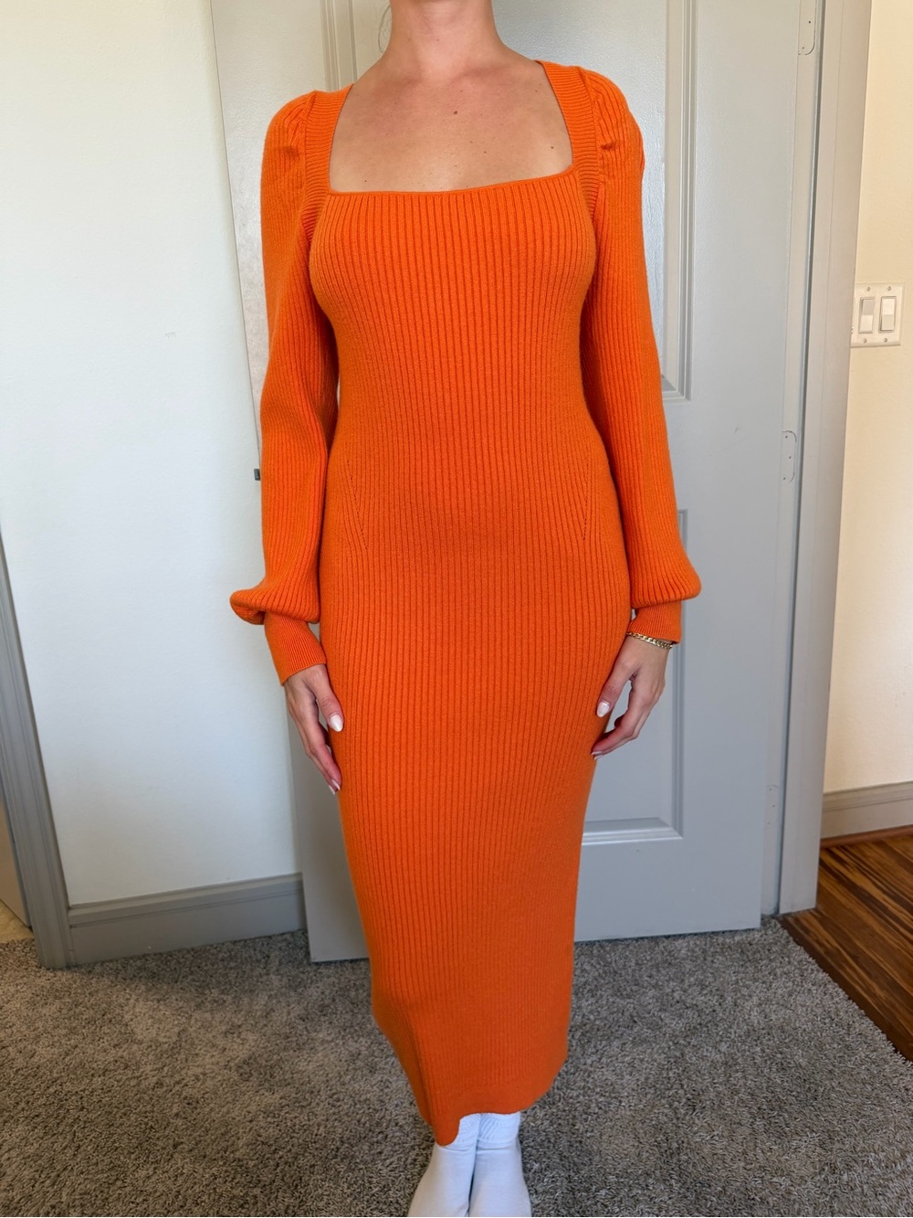 House of Harlow 1960 Ribbed Square-Neck Long Sleeve Midi Dress in Orange